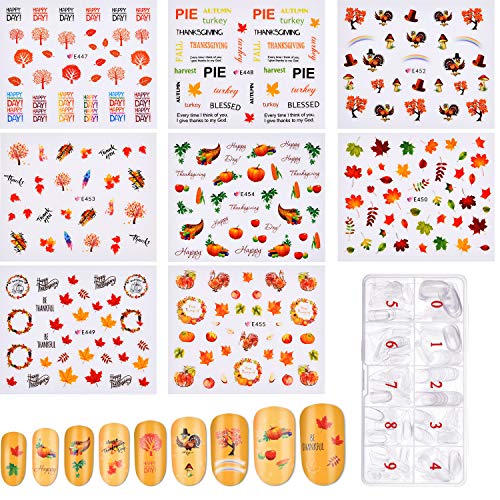 8 Sheets Thanksgiving Nail Art Stickers, Self-Adhesive Autumn Maple Fall Leaves Pumpkin Nail Decals Manicure Nail Tip Decoration with 500 Pieces Oval Nails Tips for Women Girls DIY Nail Design