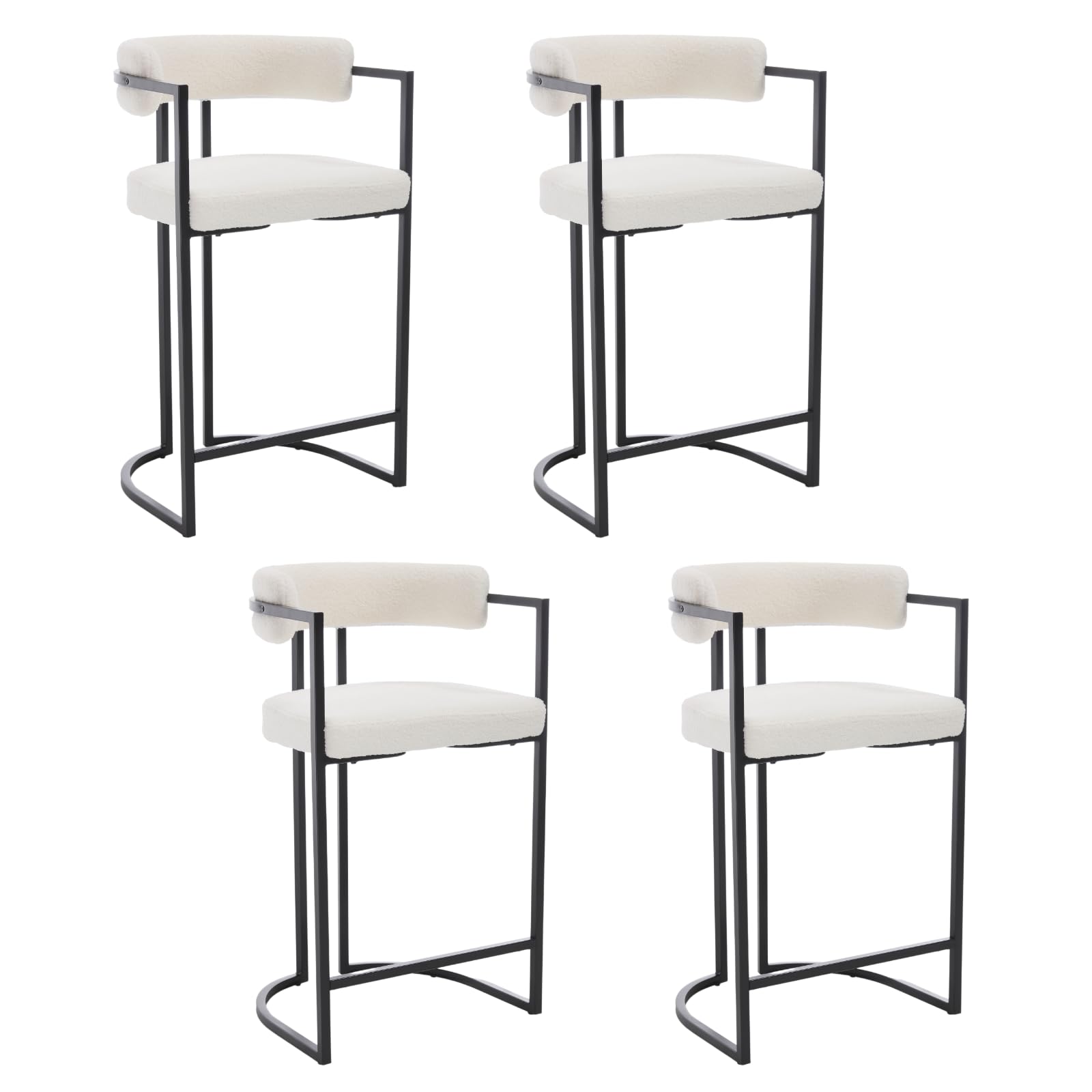 QUINJAY 26Inch Sherpa Counter Stools Set of 4, Modern White Barrel Counter Height Bar Stools with Comfy Back, Upholstered High Dining Chairs with