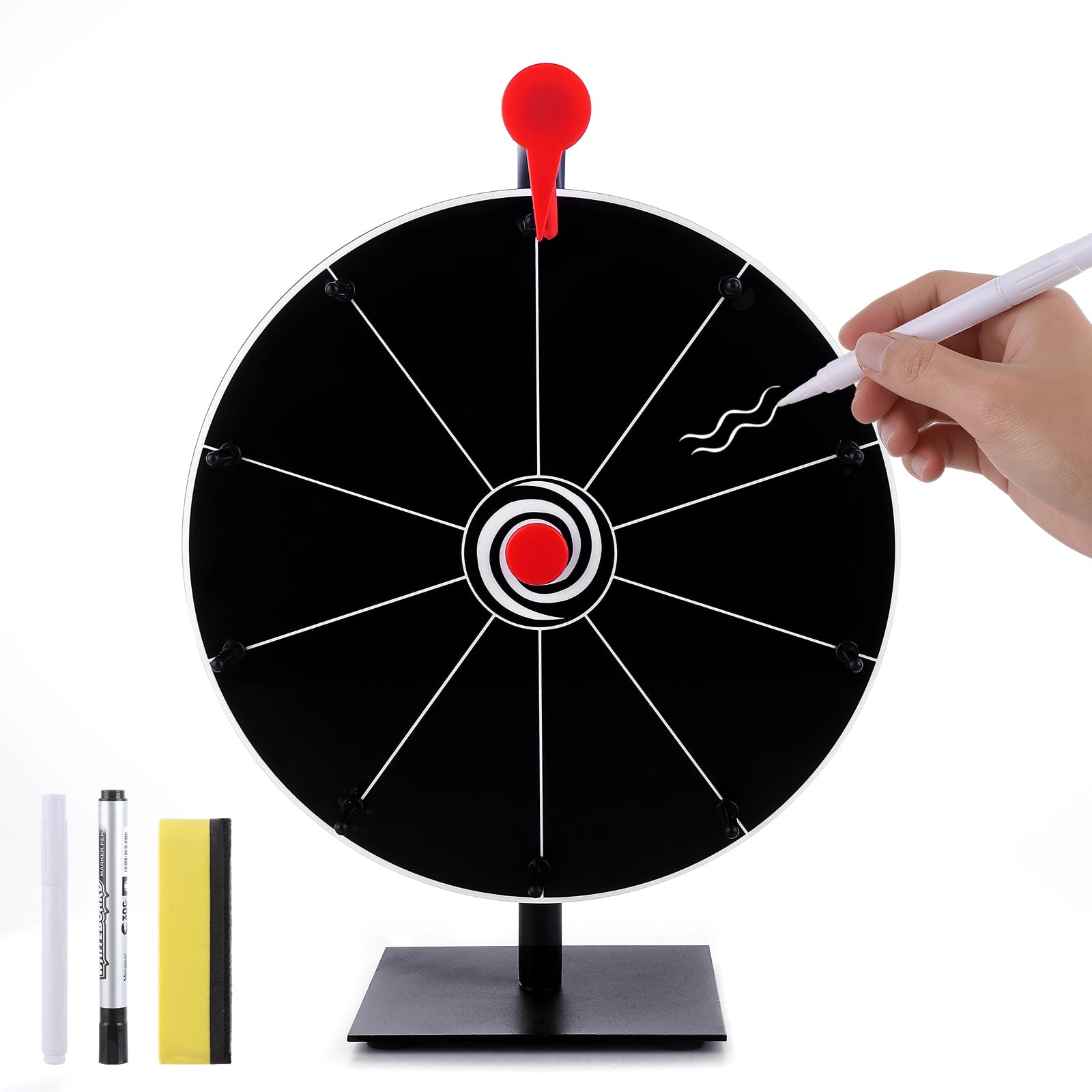 AKOLAFE Spin The Wheel with Stand 12 Inch Spinning Wheel for Prizes 10 Slots, Heavy Duty Roulette Game Set Black Wheels with Marker and Eraser for Carnival Party Fortune