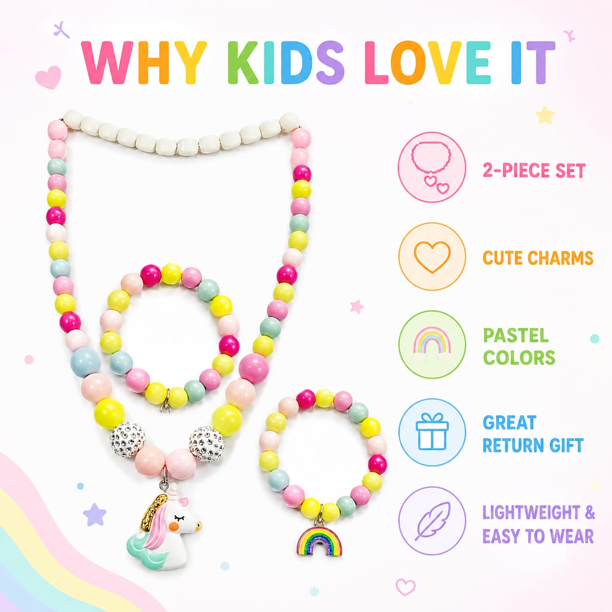 MONKEYTAIL Birthday Return Gift for Kids, 1 Set Colourful Necklace & Bracelet Jewellery Set for Girls | Fashion Dress-Up Accessories | Party Favor, Pretend Play & Birthday Gift 1