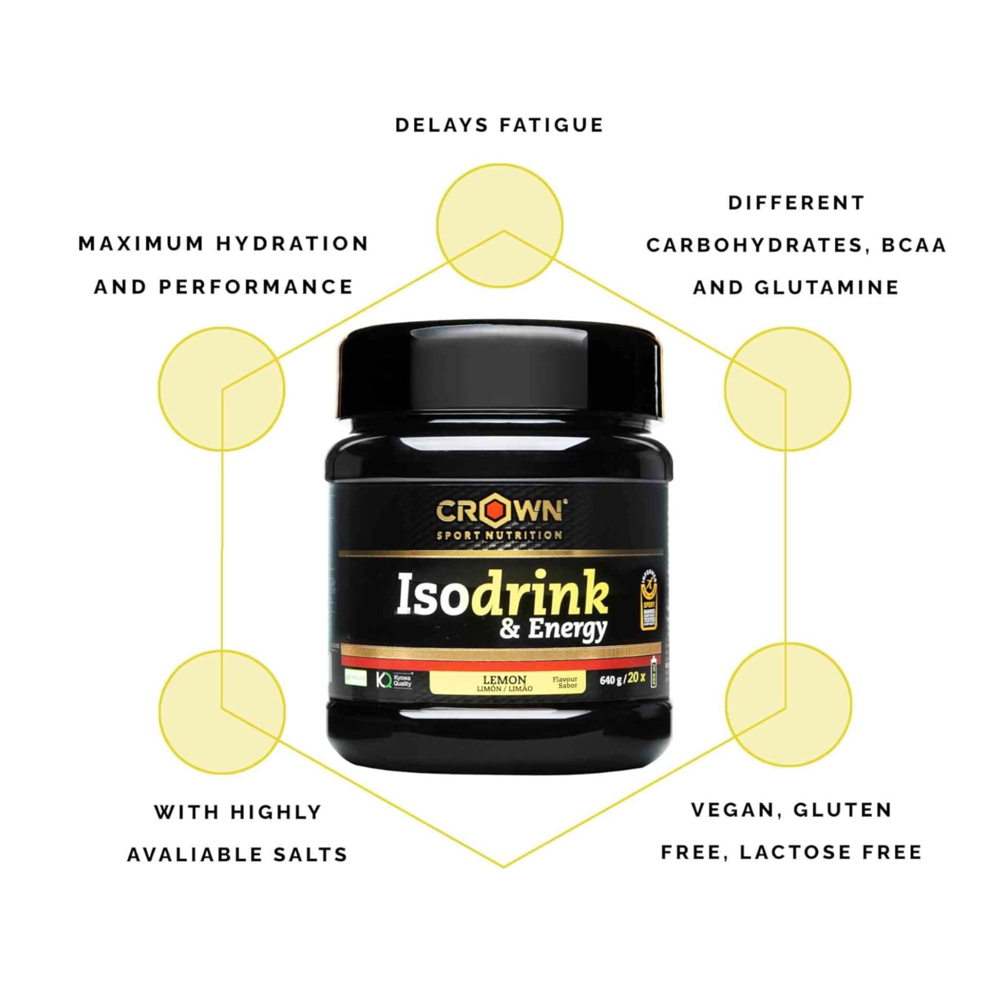 Crown Sport Nutrition Isodrink & Energy | Bebida Isotónica en Polvo con Electrolitos | Sales Minerales, BCAA y Carbohidratos | Sabor Limón | Bote 640 g | Informed Sport