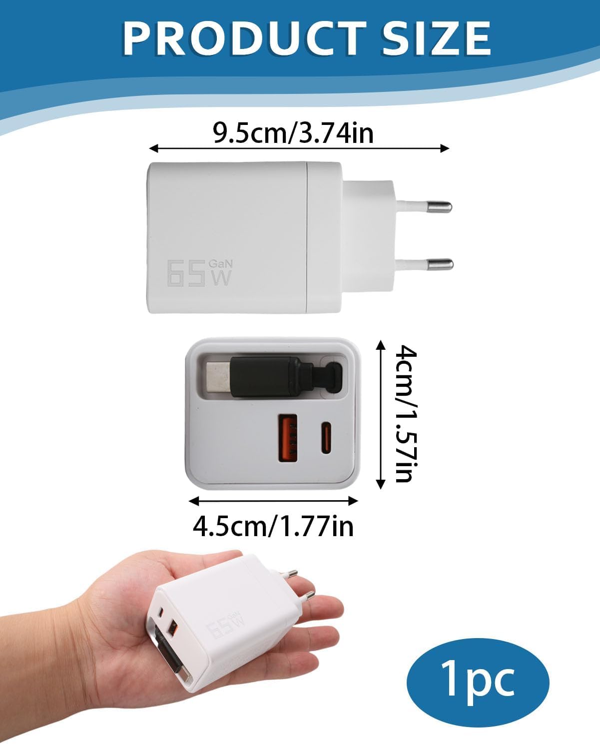 Caricatore USB-C GaN 65W 3 in 1 con Cavo Retrattile USB C GaN a 3 Porte con Cavo di Ricarica Retrattile da 70cm per iPhone 16/15/14 Pro Max, Galaxy S25 Ultra, iPad, Huawei Pura 70