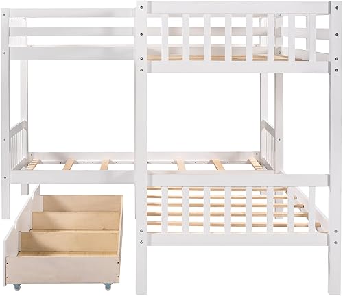 Miniatura 7 de Litera en forma de L con 3 cajones litera individual sobre individual para 4 para niños niñas adolescentes literas de madera cuádruple