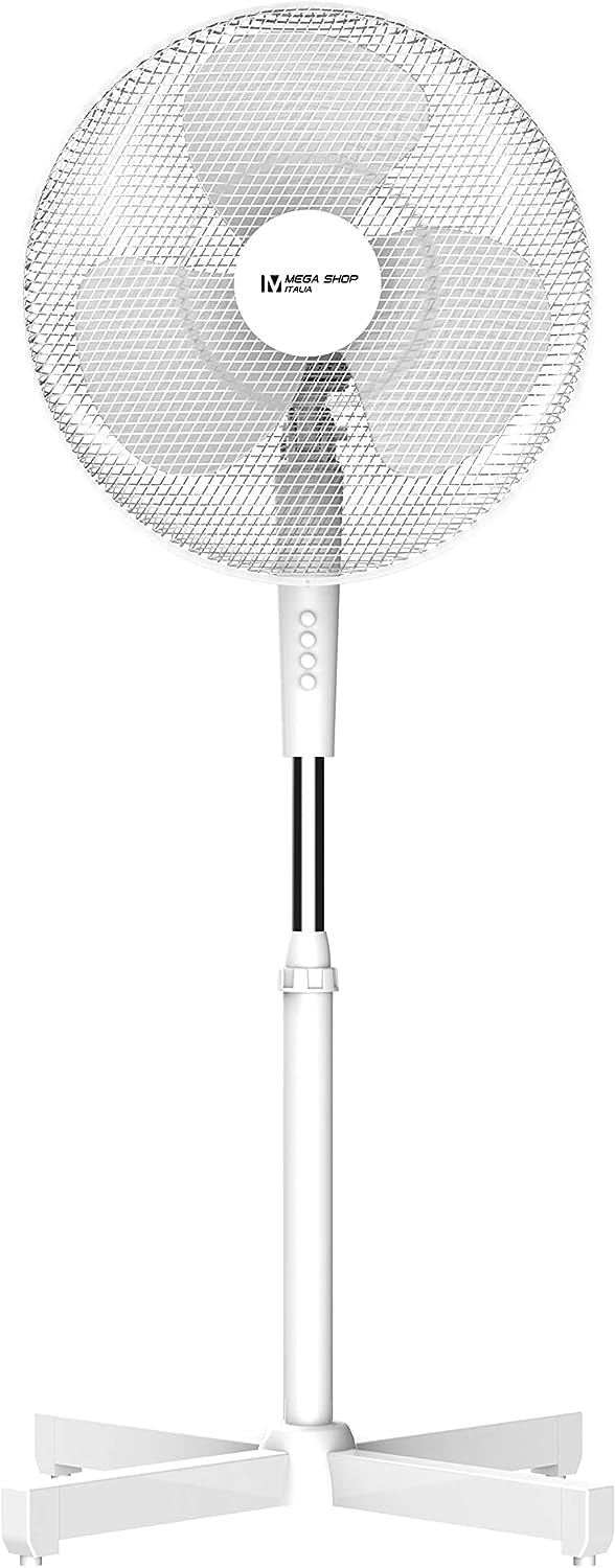 Megashopitalia Ventilatore a Piantana 45 Watt Metallo ABS 3 Pale 3 Velocità Diametro 40 Oscillazione Inclinazione Altezza Regolabile (Bianco)