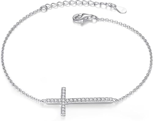 ASLBUNM Cross Bracelet 925 Sterling Silver Sideway Faith Cross Religious Bracele