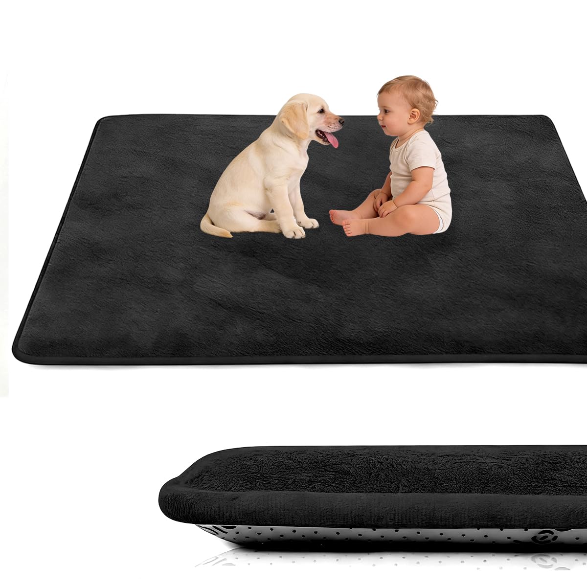 Voxirum 3 CM Thick Play Mat for Floor, Black Crawling Mat, Coral Velvet Rug for Living Room, Bedroom, with Non-slip Backing, Mats for Floor Play