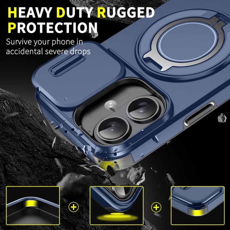 Image of LuxuryKase Shockproof Rugged Case for iPhone 16 | Slide Camera Cover | 360 Rotating Ring Kickstand | Military-Grade Protection - Navy Blue