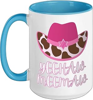 Yeehaw Meemaw Funny Country Cute Trending Hat, Cow, Love Ceramic Mug, Blue/White, 15oz