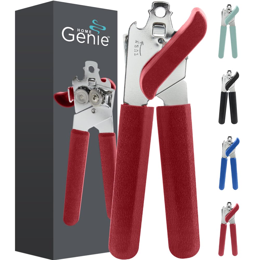 HOME GENIECan Opener, Stainless Steel and Rust Resistant Blade, HandHeld Easy Turn Knob, Smooth Edge Cut on Lids, Large Handles with Bottle Top Openers, Kitchen Tool Accessories, Cherry Red