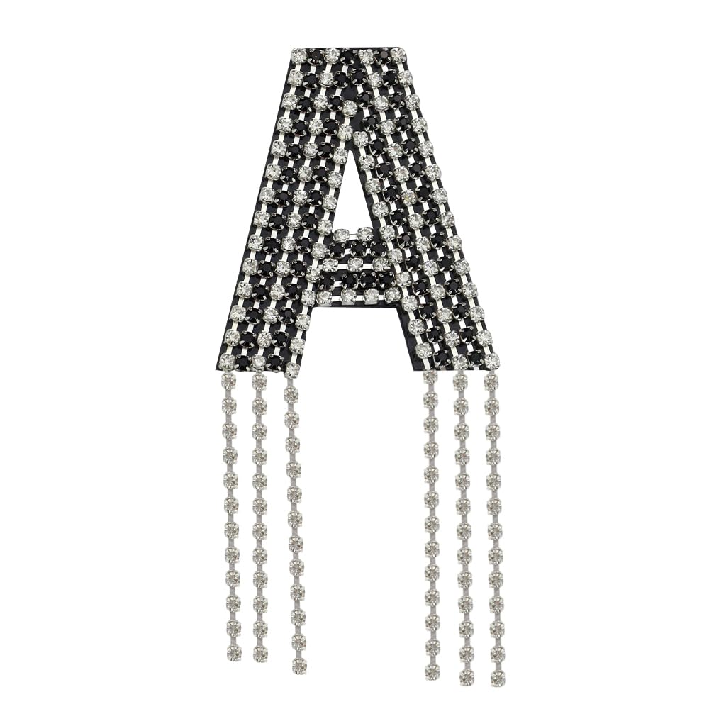 Rhinestone Sew On Patch A-Z Crystal Bead Rhinestone Letter Patch Fringe Alphabet Applique English Letter for DIY Craft Supplies 2pieces (Black A 2pieces)