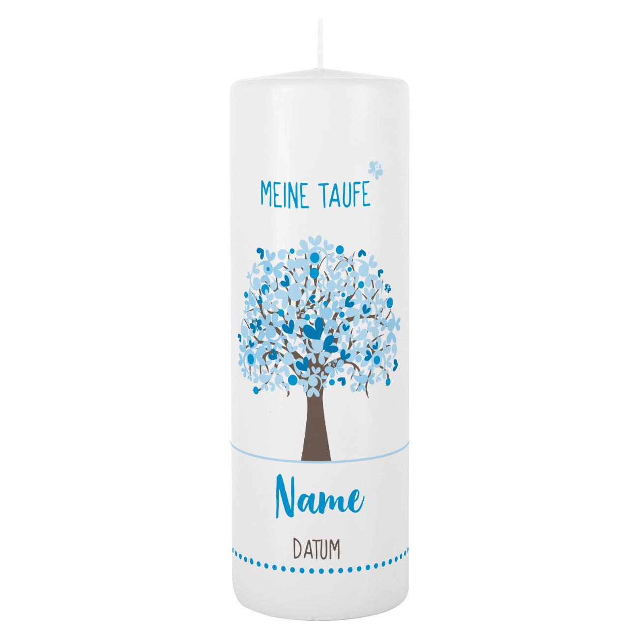 Striefchen® Taufkerze 250/80 mm mit Lebensbaum und Aufdruck des Namen und Datum sowie Taufspruch Weiß - Blau
