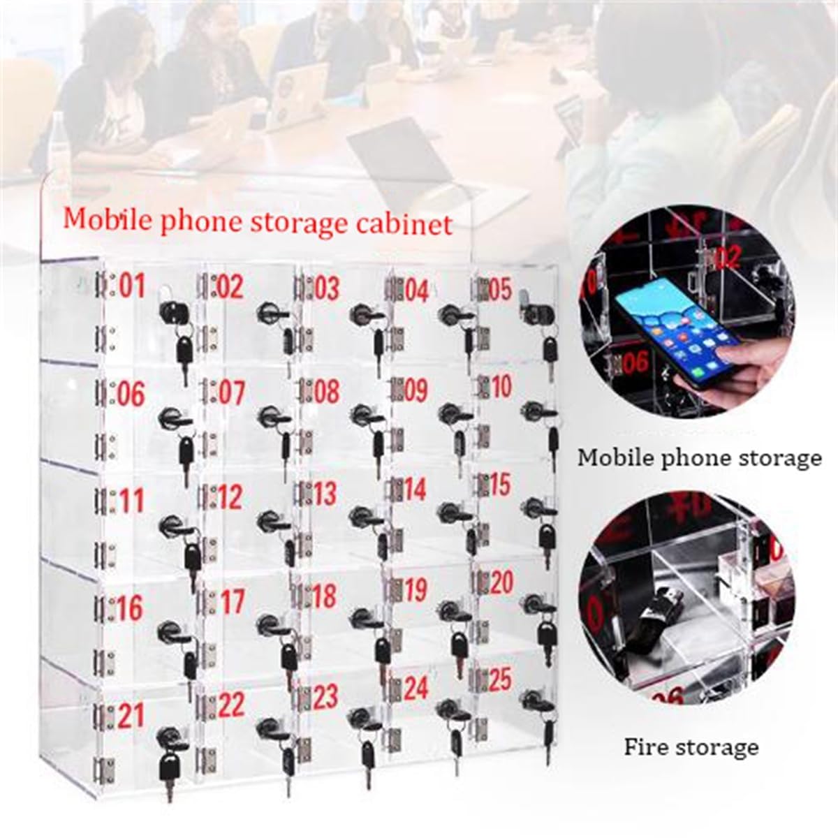 SDdPulse Armario de almacenamiento acrílico para teléfono con 25 ranuras con puertas y llaves de bloqueo, armario transparente para teléfono celular para una protección segura de dispositivos móviles