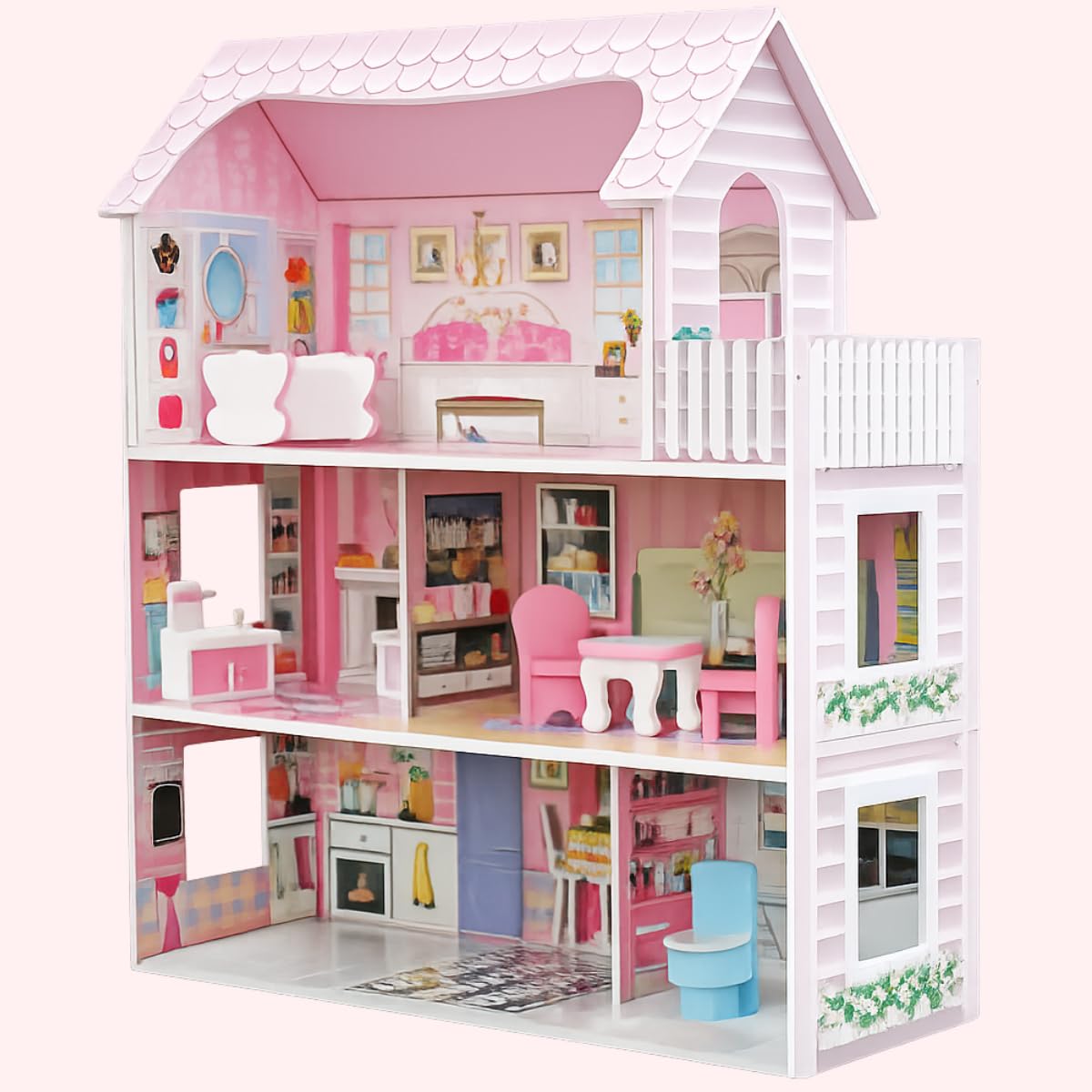 Mibbi Drewniany Domek dla Lalek HOMEE Duży XL – 3-Poziomowy z 8 Mebelkami i Balkonem, Różowy Zabawkowy Domek dla Dziewczynek 70x62x27 cm