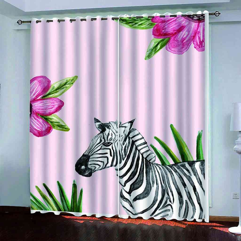 Rideaux occultants zèbre et fleurs roses 200x160cm pour chambre d'enfant