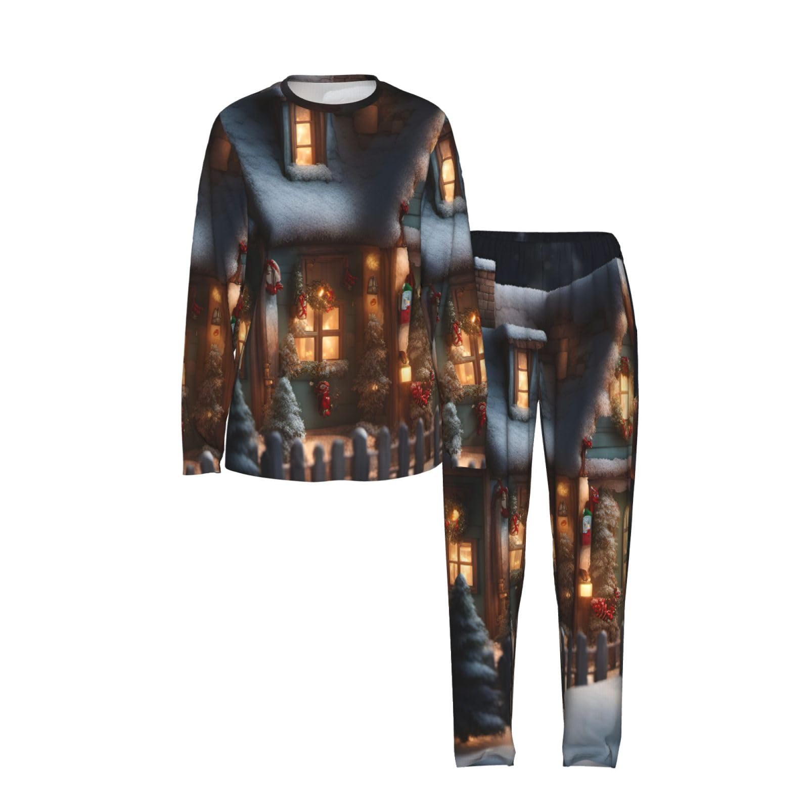 Christmas Village House 4 Stampa Donna Manica Lunga Pigiama Corrispondente Morbido Spiaggia Vacanze Nightwear Regalo Casual