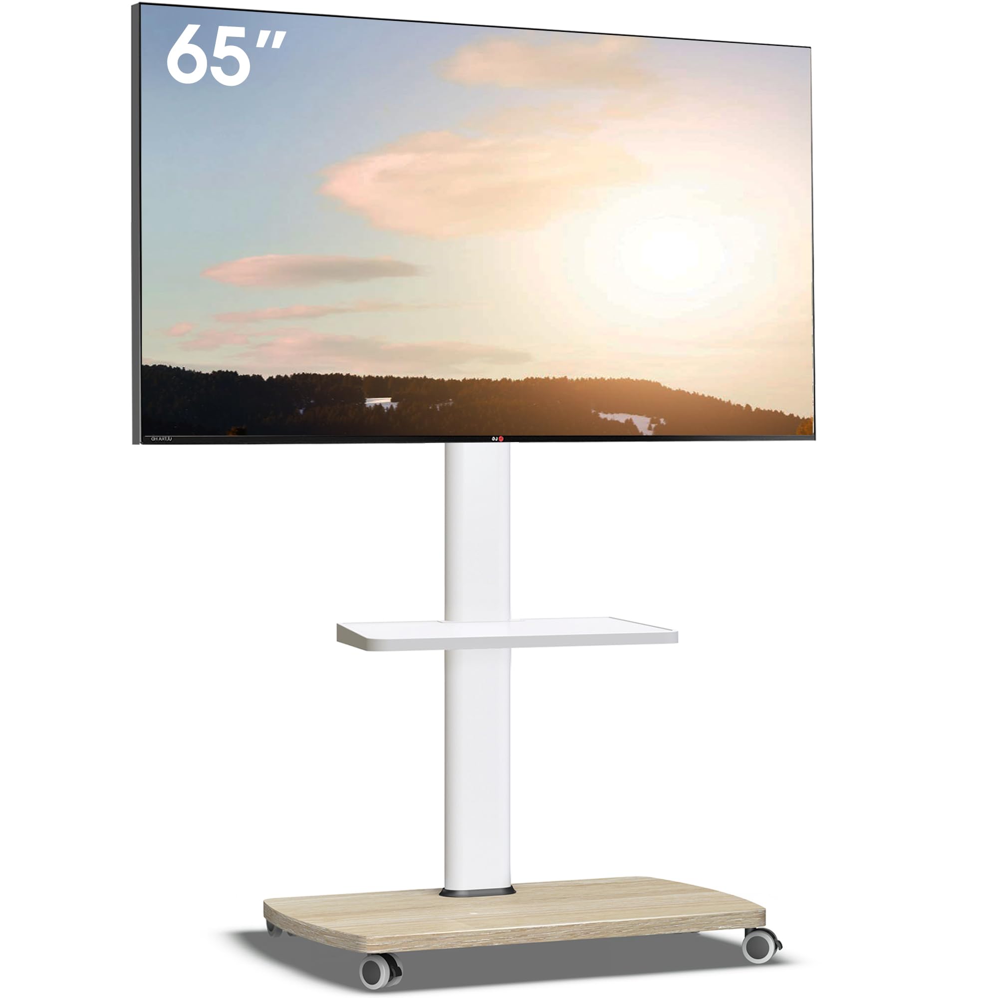 AOKCOS Soporte para TV móvil con ruedas con base y estante de madera para televisores de 32 a 65 pulgadas, soporte de piso para TV ajustable en altura y giratorio, hasta 40 kg máx. VESA 400 x 400 mm