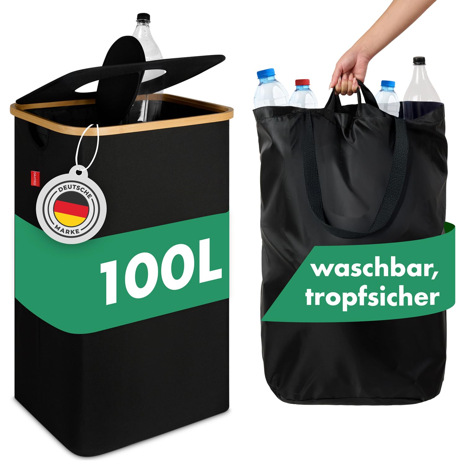 Blumtal Pflandflaschen Sammelbehälter 100L - Bambus Pfandflaschen Organizer mit Pfandflaschen Tasche - Pfandflaschen Behälter - Leergut Sammelbehälter mit Loch- Pfandflaschen Sammelbehälter Schwarz