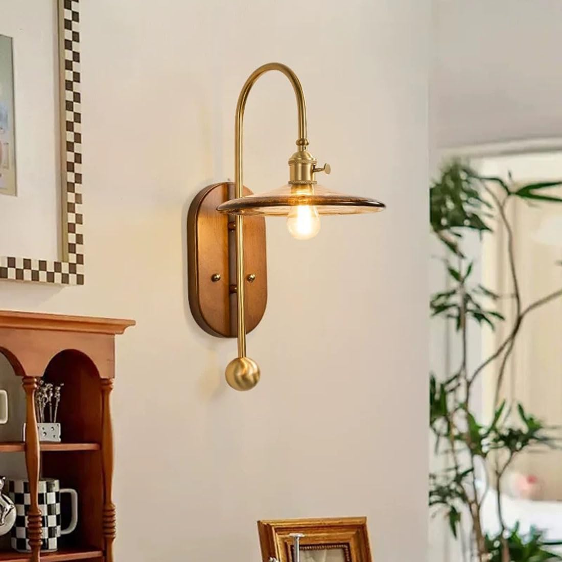 Applique da Parete Moderne in Stile Industriale con Paralume in Vetro e Base in Legno Rustico, a Collo D'Oca, in Stile Nordico, Ideali per Soggiorno, Comodino, Veranda e Ingresso.