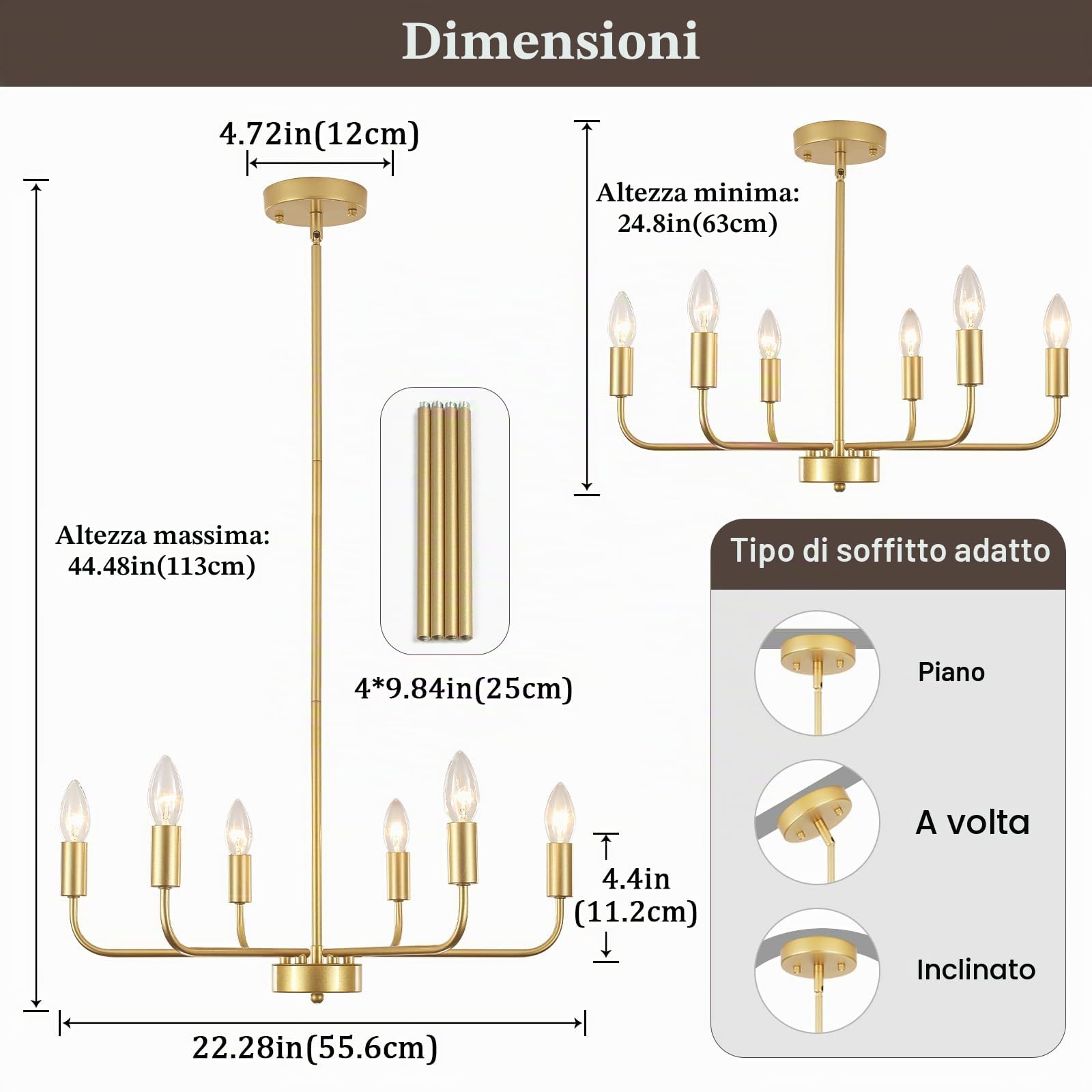 Lampadario Dorato a 6 Luci, Moderni, Lampade da Soffitto per Soggiorno | Lampada a Sospensione Dorata per Sala da Pranzo, Camera Letto, Corridoio, Iingresso, Altezza Regolabile