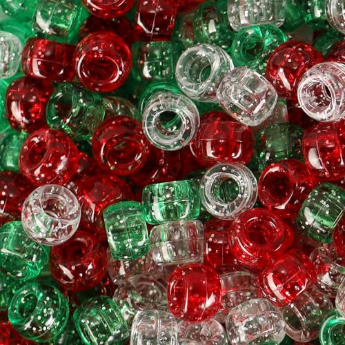 Christmas Beads(1200Pcs 6x9mm) Pony Beads Bulk Red White Green Glitter Bead for Hair Braids Christmas Decoration Friendship Crafts (Xmas Glitter)