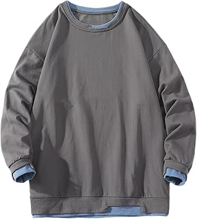 Dyhxuan Jersey falso de dos piezas para hombre, sudadera ligera con cuello en O, bloque de color de moda, empalme de manga larga, sudadera de manga larga, sudaderas de otoño e invierno