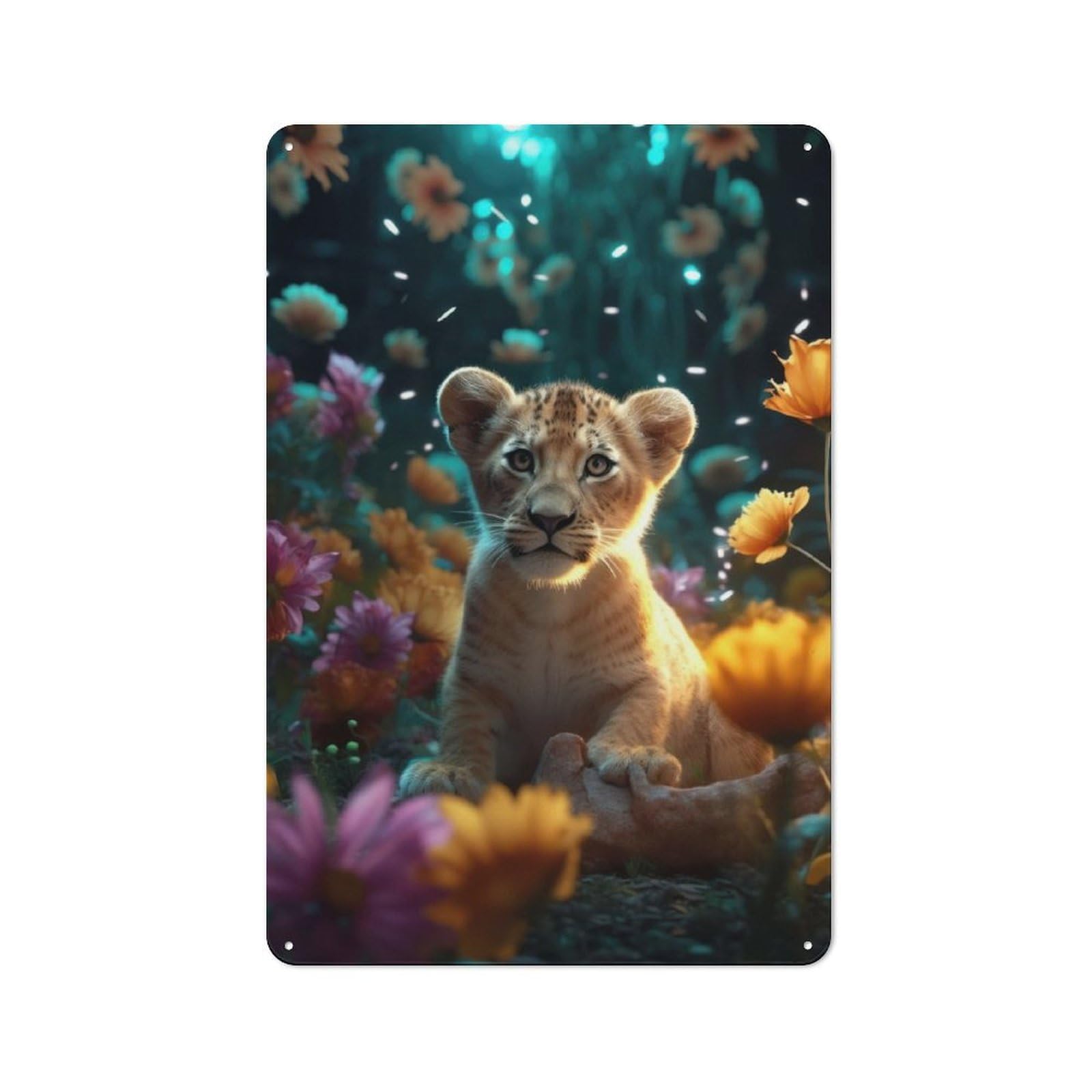 Magical Floral Lion Cub Metal Wall Sign 30x20cm, Modern Retro Loft Wall Plaque for Flat, Bar, Studio Or Gallery Wall