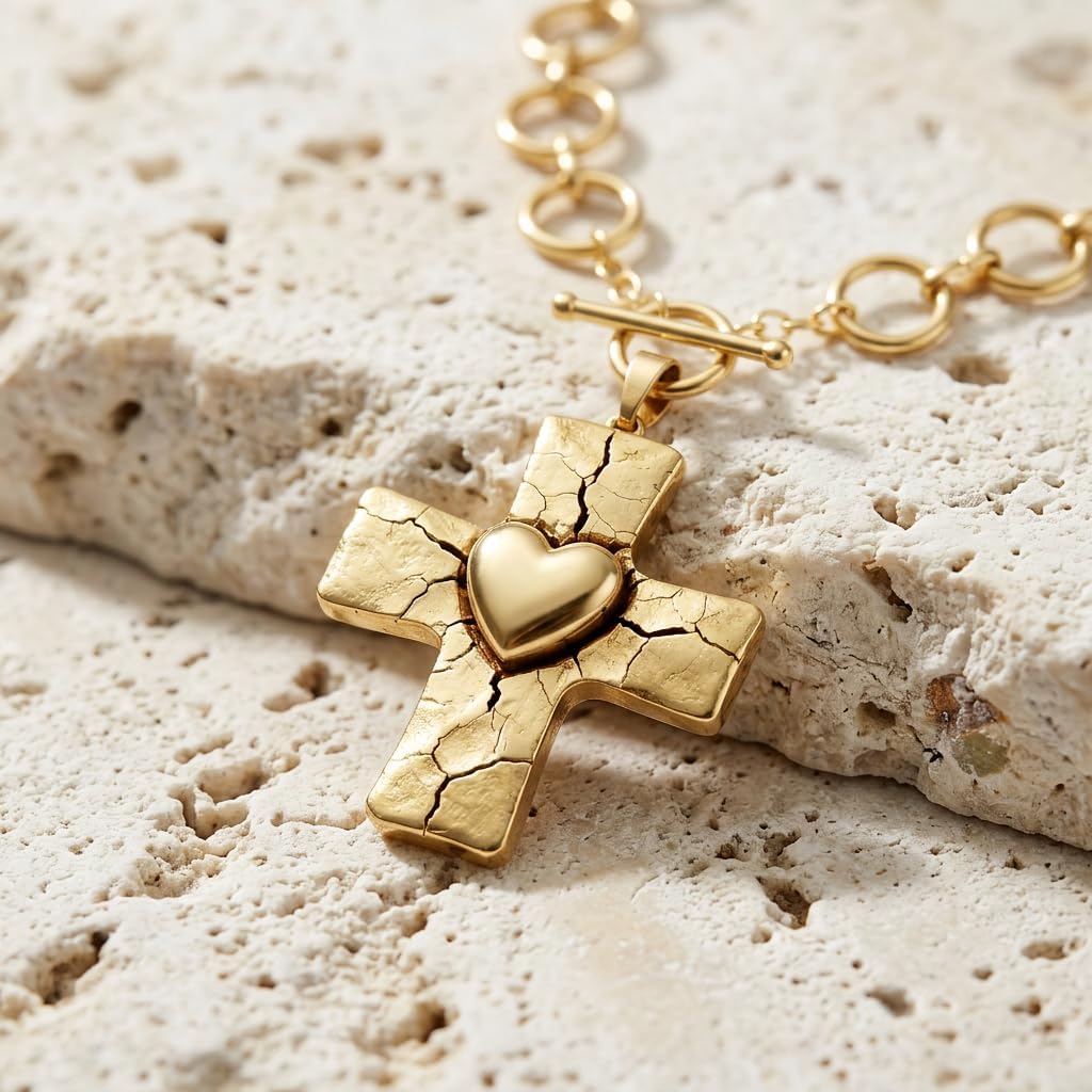 14K Gold Plated Chunky Cross Necklace for Women, Unique Crackle Design Pendant, Sparkling Cubic Zirconia Pendant, Silver Jewelry Waterproof, 18" Chain, Perfect for Beach, Weddings, Gifts