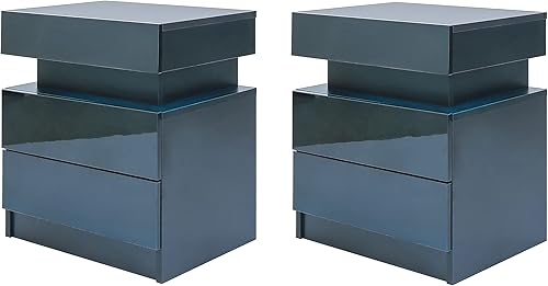 Juego de 2 mesitas de noche LED con tapa abatible y cajones, mesitas de noche negras con luces LED multicolor y 2 cajones de alto brillo, moderna