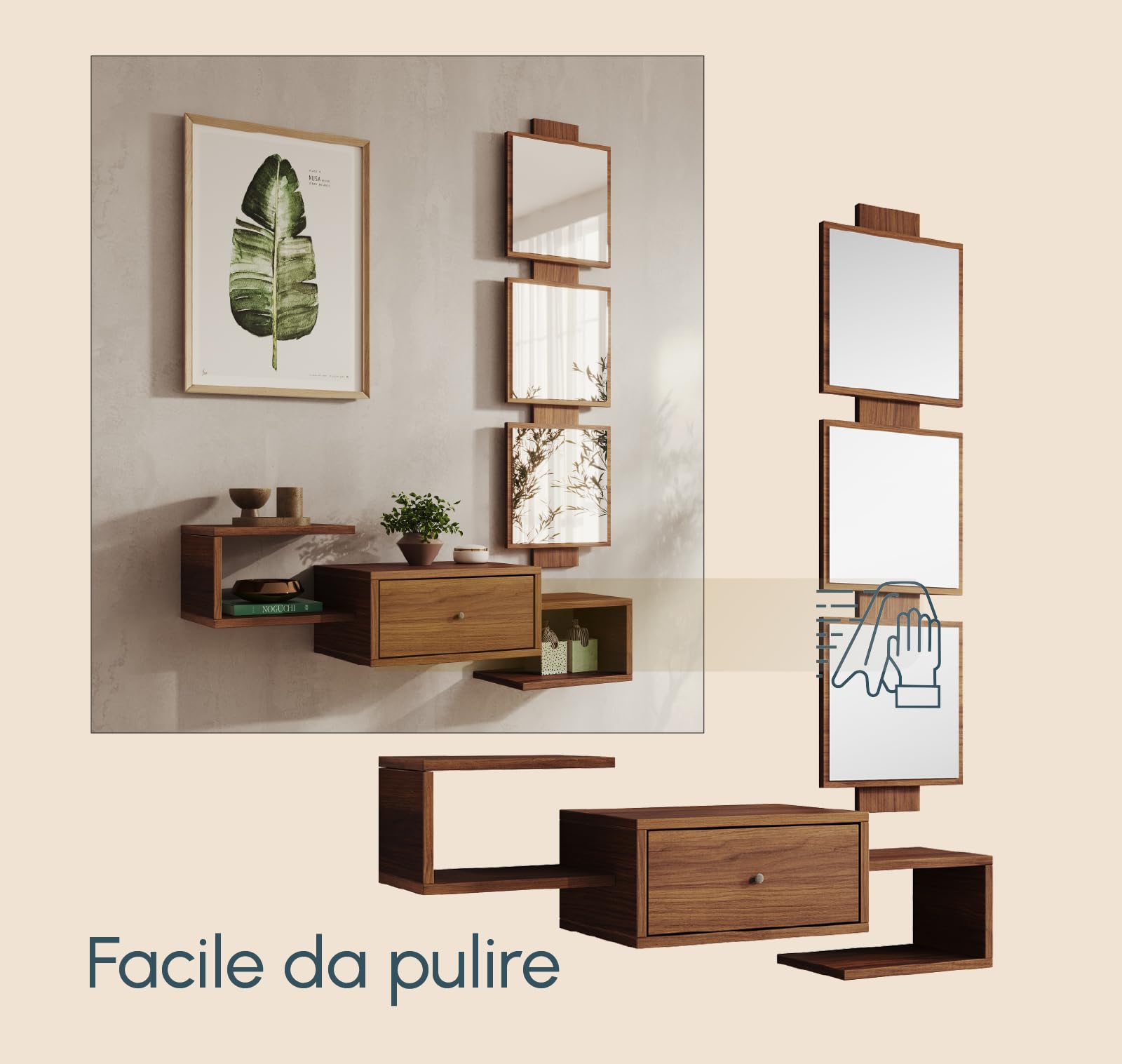 MB Muebles Bonitos, Mobile Ingresso Sospeso Neo, con Specchio e Cassetto, Melamina, Colore Noce Ambar Opaco, 99.5x145x22cm