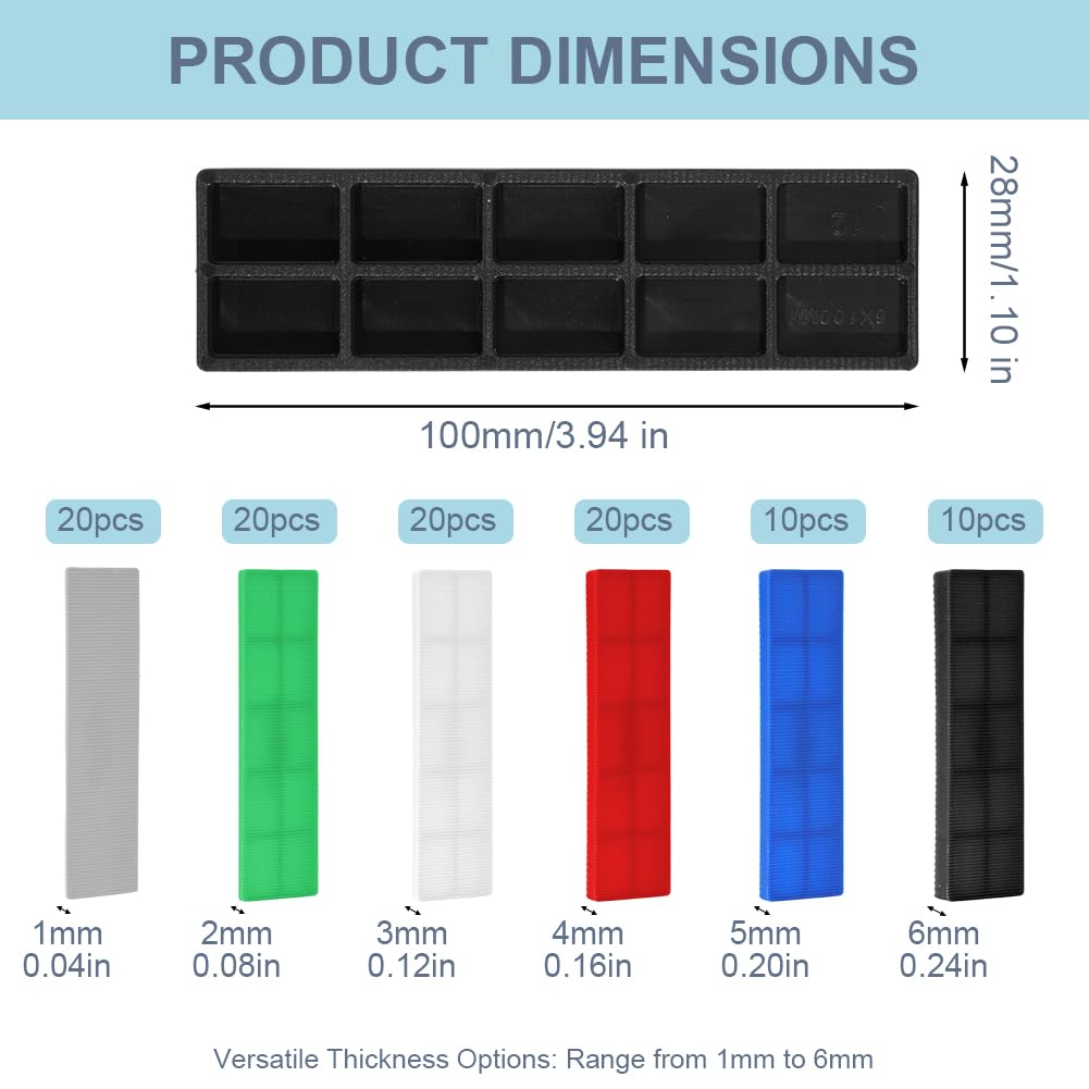 100 Pezzi Spessori in Plastica per Mobili, 1-6mm 100mm x 28mm Premium Spessori in Plastica, Cunei per Piastrelle, Vetri, Finestre e Porte