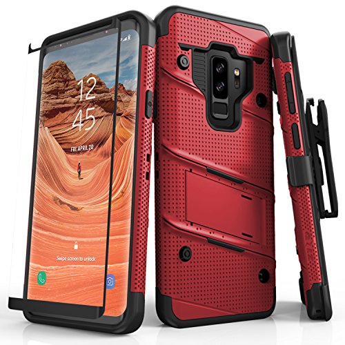 ZIZO Bolt Series for Samsung Galaxy S9 Plus Case Military Grade Drop Tested with Tempered Glass Screen Protector Holster RED Black