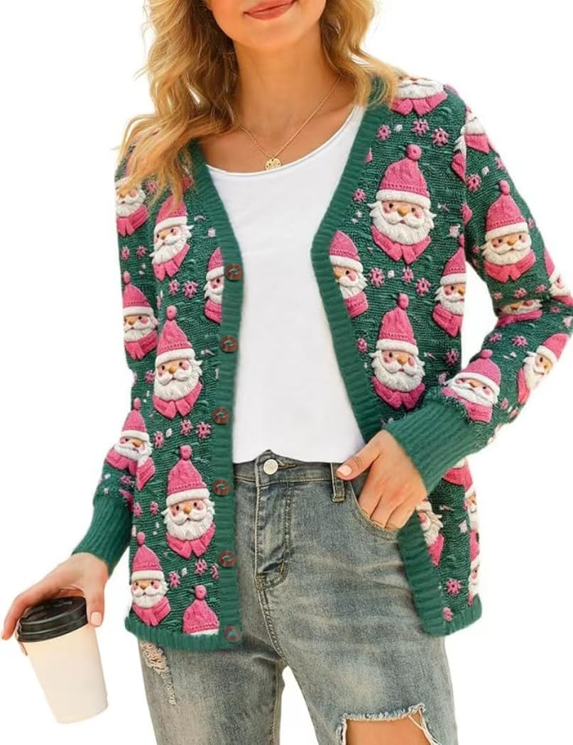 Qbily Womens V-Neck Winter Christmas Knitted Cardigan Sweater Long Sleeve Button Santa Claus Outerwear Pullover Tops