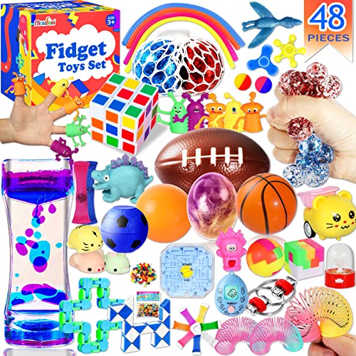 Max Fun 48 Pack Sensory Fidget Toys Set Bundle Stress Relief Anti-Anxiety Tools Toys for Kids Adult Children Figetget Toys Set Autistic ADHD Fidgets Box, Squeeze Ball Marble Mesh Wacky Track
