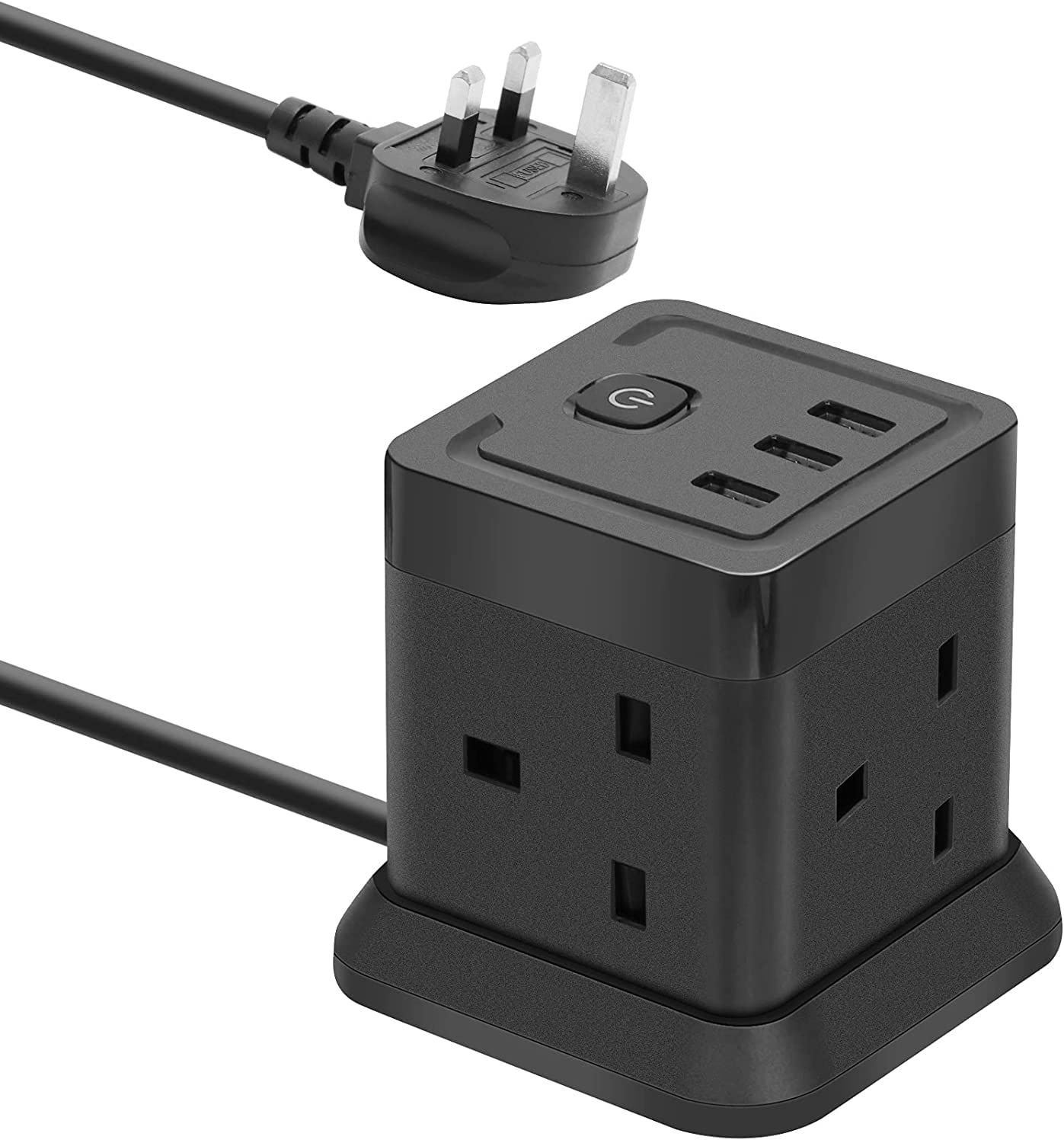Cube Extension Cord with 3 USB Slots (5V/3.1A) 3 Outlet Power Strip Surge Protected Power Socket with 1.5M Cable for Home, Office, Hotel, Travel (Black)