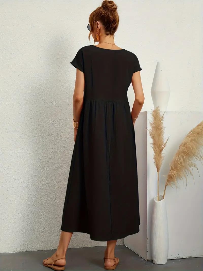 Vestidos Largos Verano para Mujer Mangas Cortas Cuello Redondo Casual Vestidos Elegante Suelto Maxi Vestido de Playa con Bolsillos