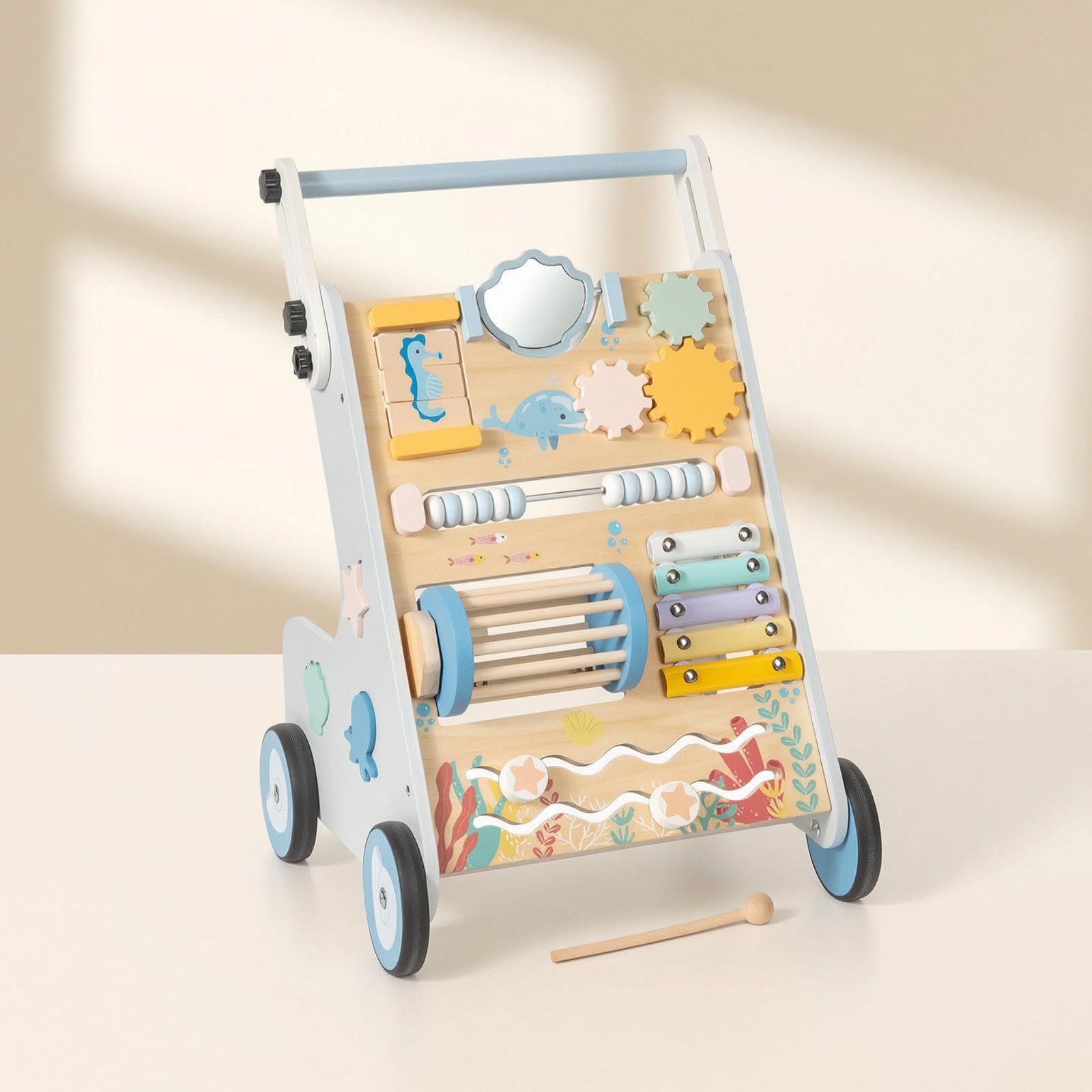 Carrello Iniziare a Camminare con Attività Robusto Deambulatore in Legno Sicuro in Legno per Neonati