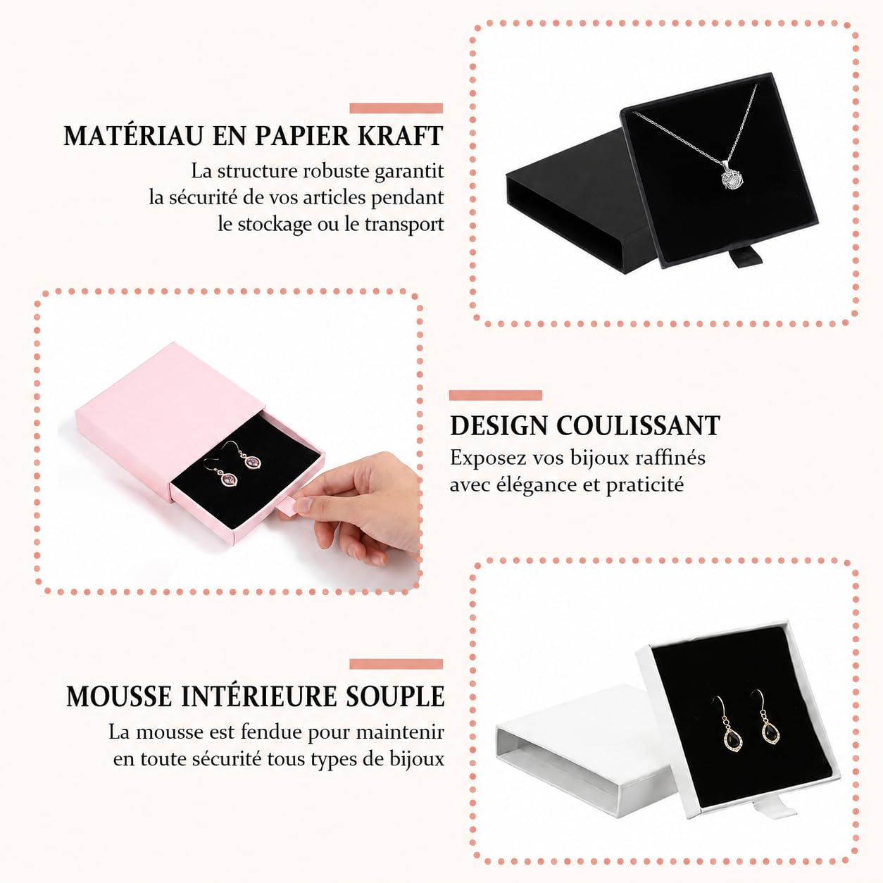 Lot de 24 Écrins Cadeaux pour Bijoux, 8 x 8 x 1,7 cm, avec Mousse