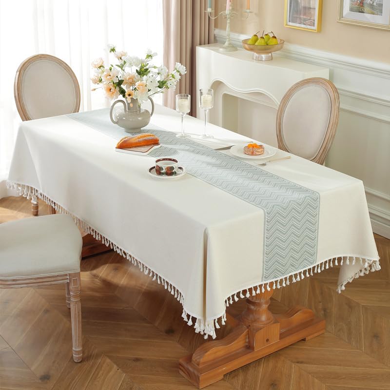 KIJSKKOPO Manteles Rectangulares De Tela Jacquard Ondulado Verde con Ribete De Borlas para Mesa De Comedor, Ideal para Cocina, Fiestas, Bodas, Picnics, Decoración De Jardín, 140 X 200 Cm (55,12 X