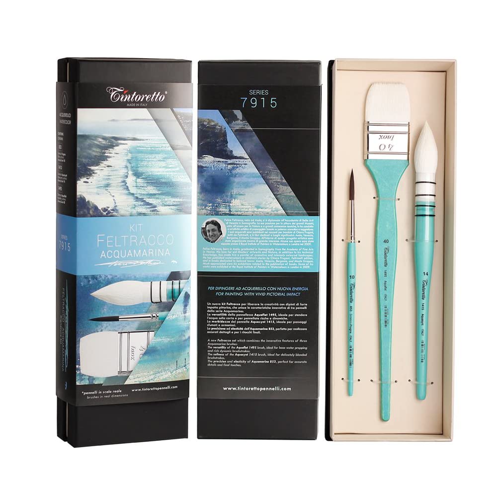 TINTORETTO Kit Pennellessa + Pennelli Punta Tonda per Acquerello Linea Feltracco ad Alta Tenuta - Set "Acquamarina" 3pz.