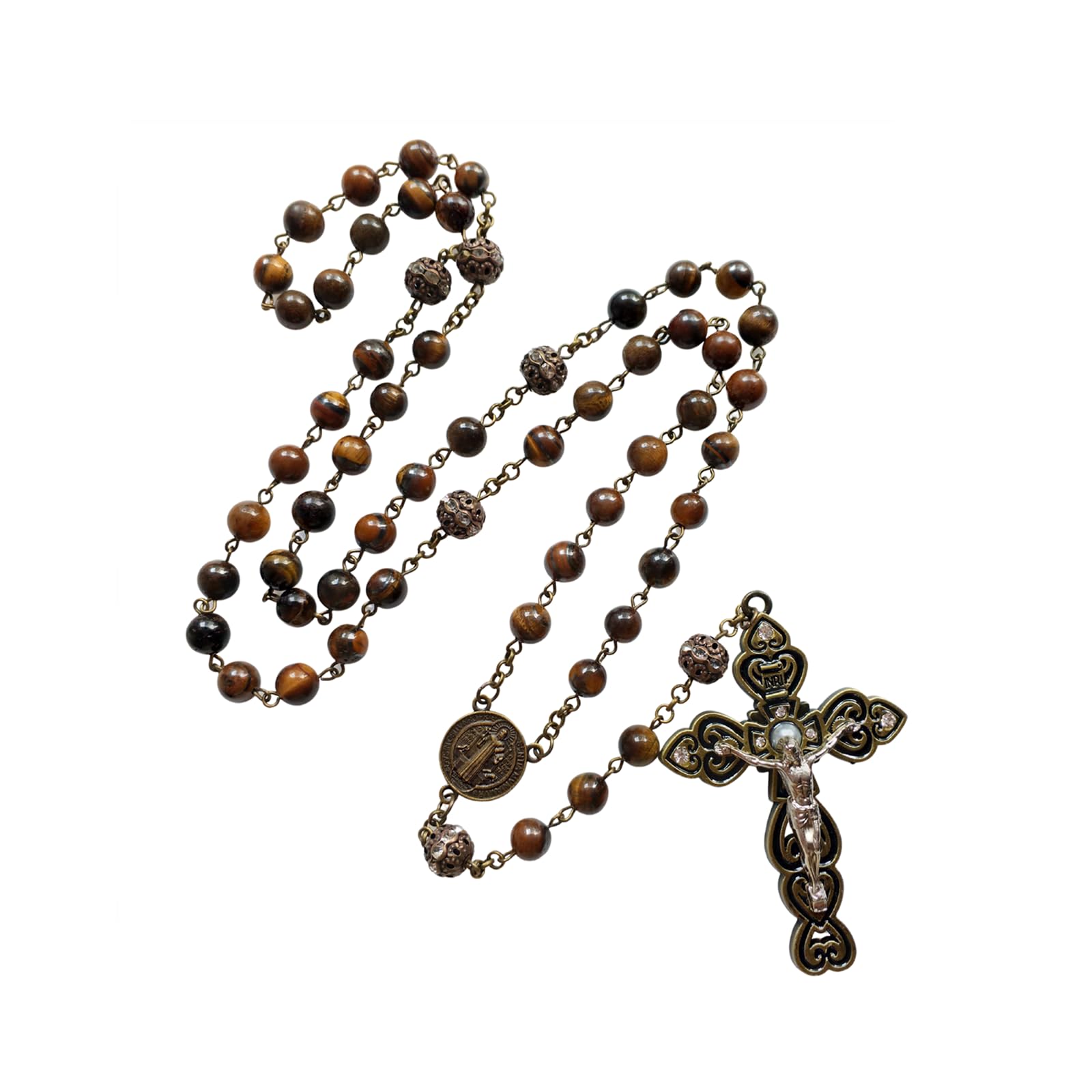 lulucrossTiger Eye Rosary Necklace Cross Pendant Necklace Catholic Rosary For Prayer And Meditation Rosary