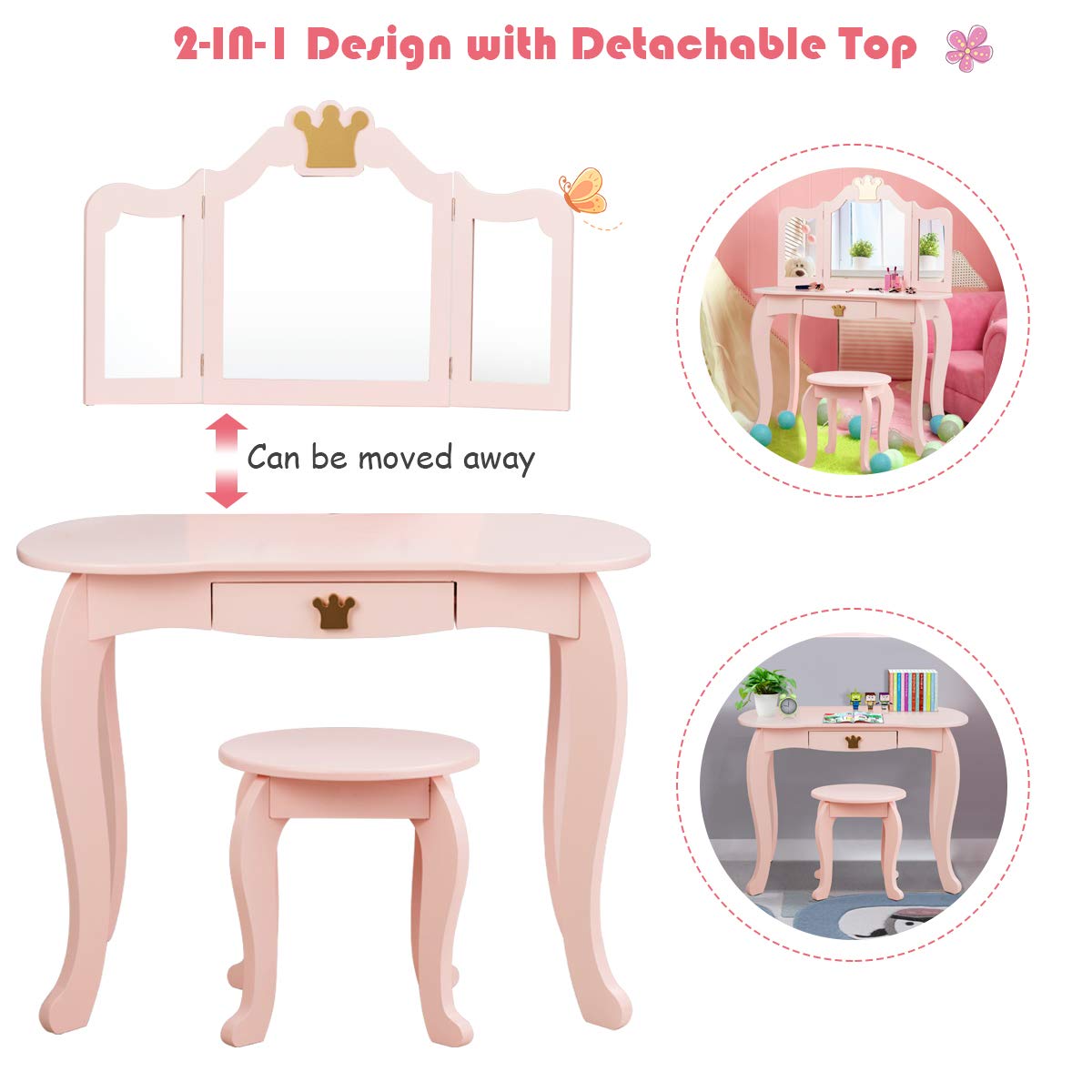 Amazon.com: Costzon Kids Vanity Table and Chair Set, Princess Makeup  Dressing Table with Drawer & Tri-Folding Mirror, 2 in 1 Vanity Set with  Detachable Top, Pretend Beauty Play Vanity Set for Girls (