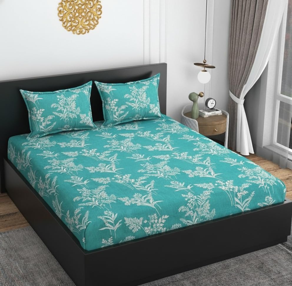Image of Blue Strip Polycotton Fitted Bedsheet, King 72x78 (Aqua Lily) | 300 TC | All-Round Elastic Grip | Soft, Breathable & Colourfast | Wrinkle Resistant | Machine Washable