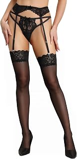 RSLOVE Thigh High Stockings for Women - Sheer Lace Garter Belt and Thigh Highs Set with Adjustable Straps