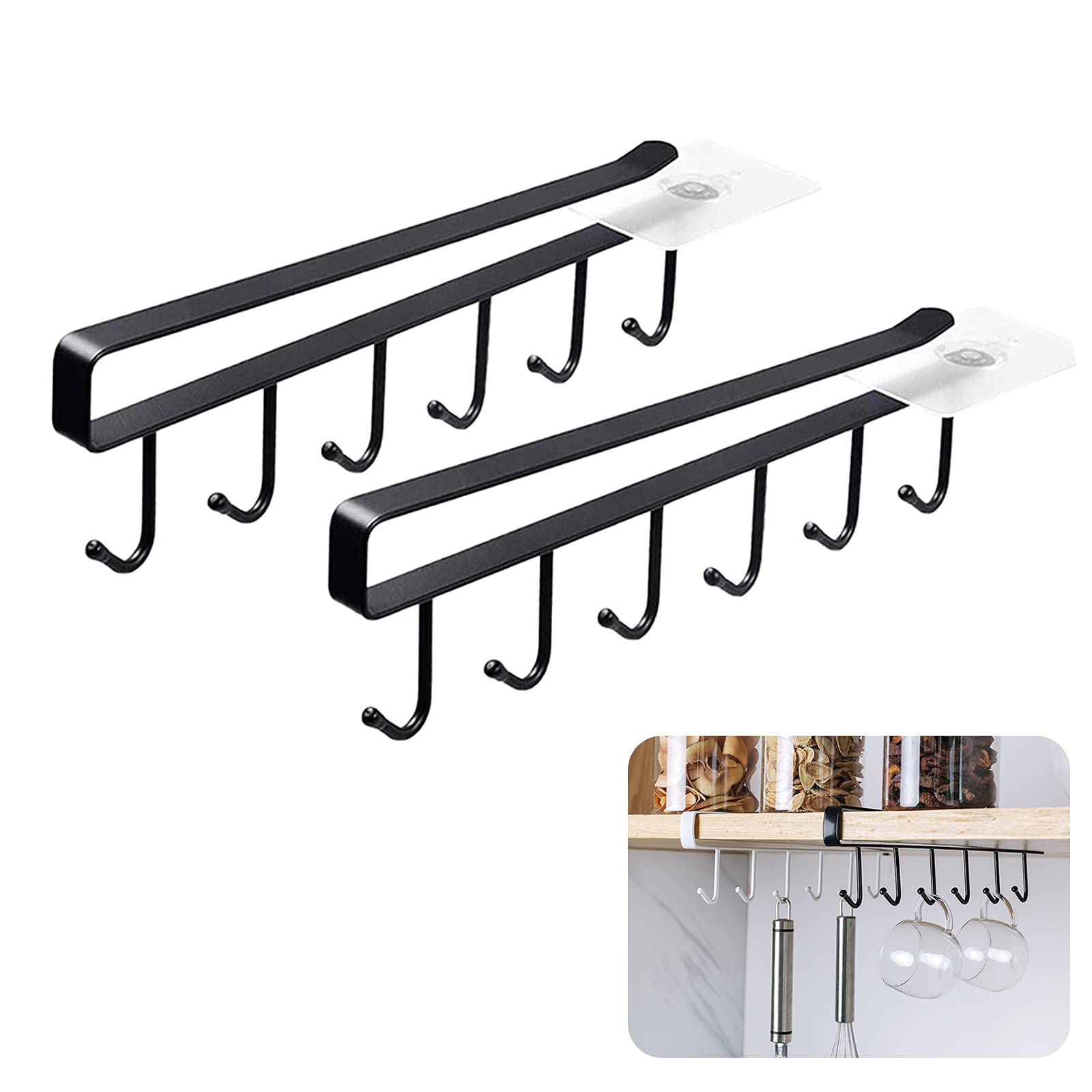YMIEMIE Adhesive Mug Holder Under Cabinet Pack of 2x6Hooks Multifunctional Nail Free Coffee Tea Cup Hanger Under Cabinet for Kitchen Fit for 1inch Thickness Shelf or Less, Black