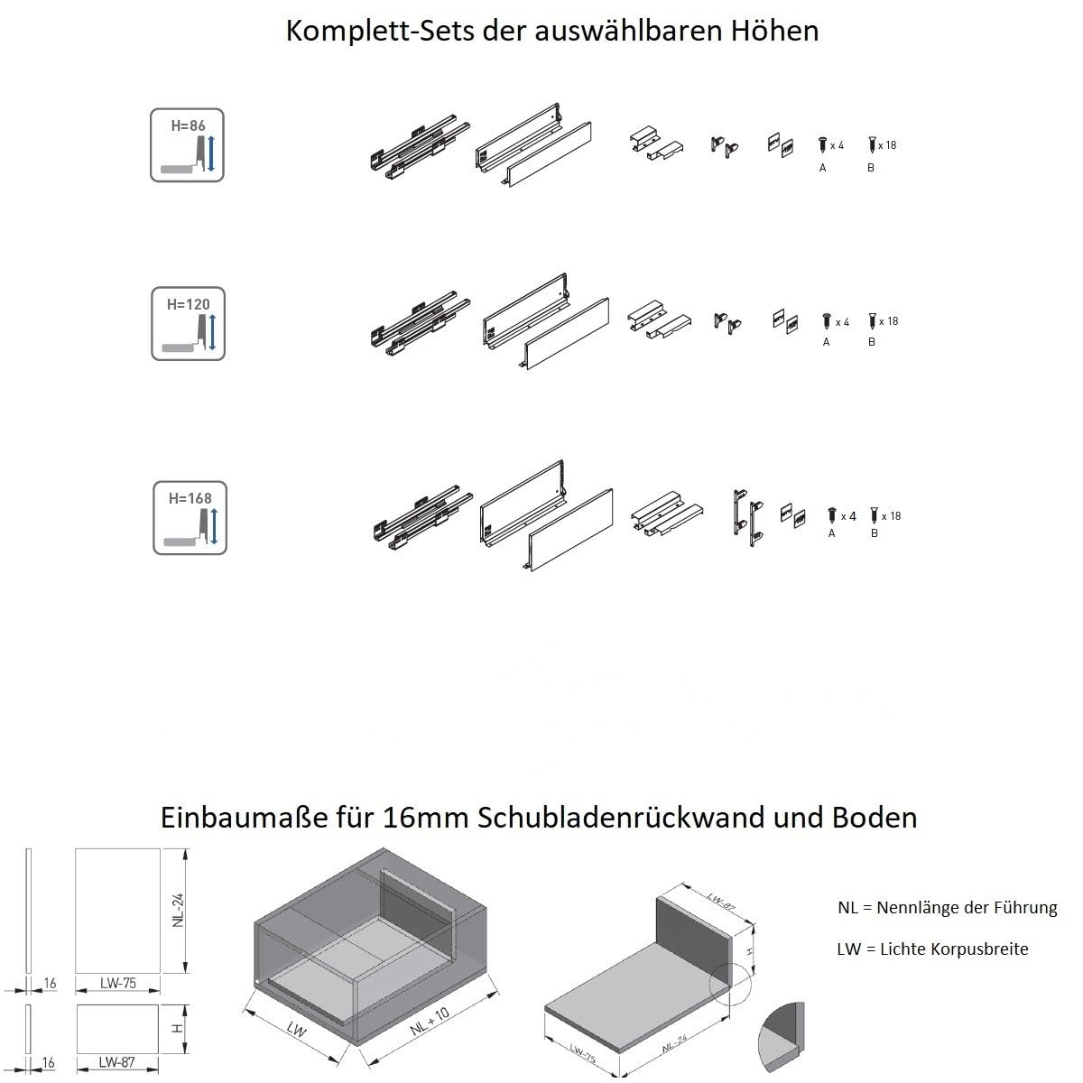 MS Beschläge Vollauszug Soft-Close Schubladensystem Weiß Schubkastensystem Milchglas Glaszargen Schubladenauszug 40kg Traglast (Länge: 400mm, Höhe: 86mm)