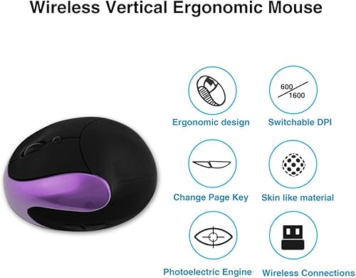 Miniatura 2 de Ratón inalámbrico ergonómico, 2.4GHz, 4 DPI ajustables, batería recargable de iones de litio, 6 botones, morado
