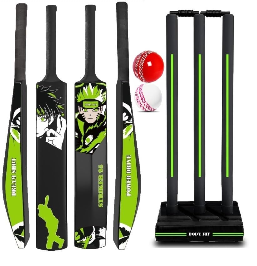 Image of Bodyfit Premium T-20 Cricket Bat for Men, Women & Children | Lightweight| Full Size| | Hard Plastic Bat| Premium Cricket Wicket Set l 3 Stumps+2 Bails+1 Stand Set, 2 Balls, S-95 Green.