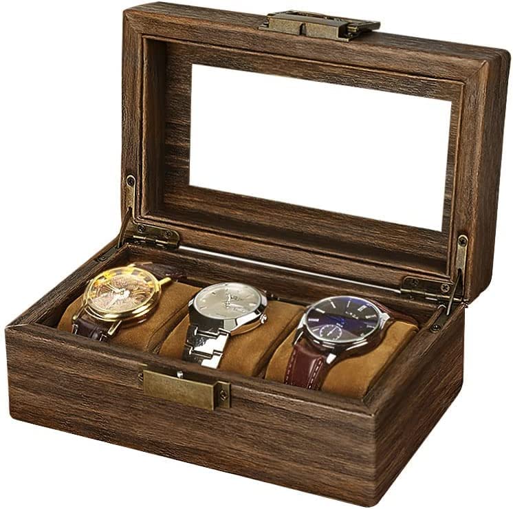Image of House of Quirk Wooden Watch Box for Organizer, 3 Slots Watches Display Case Storage Boxes with Glass Lid (Wooden)