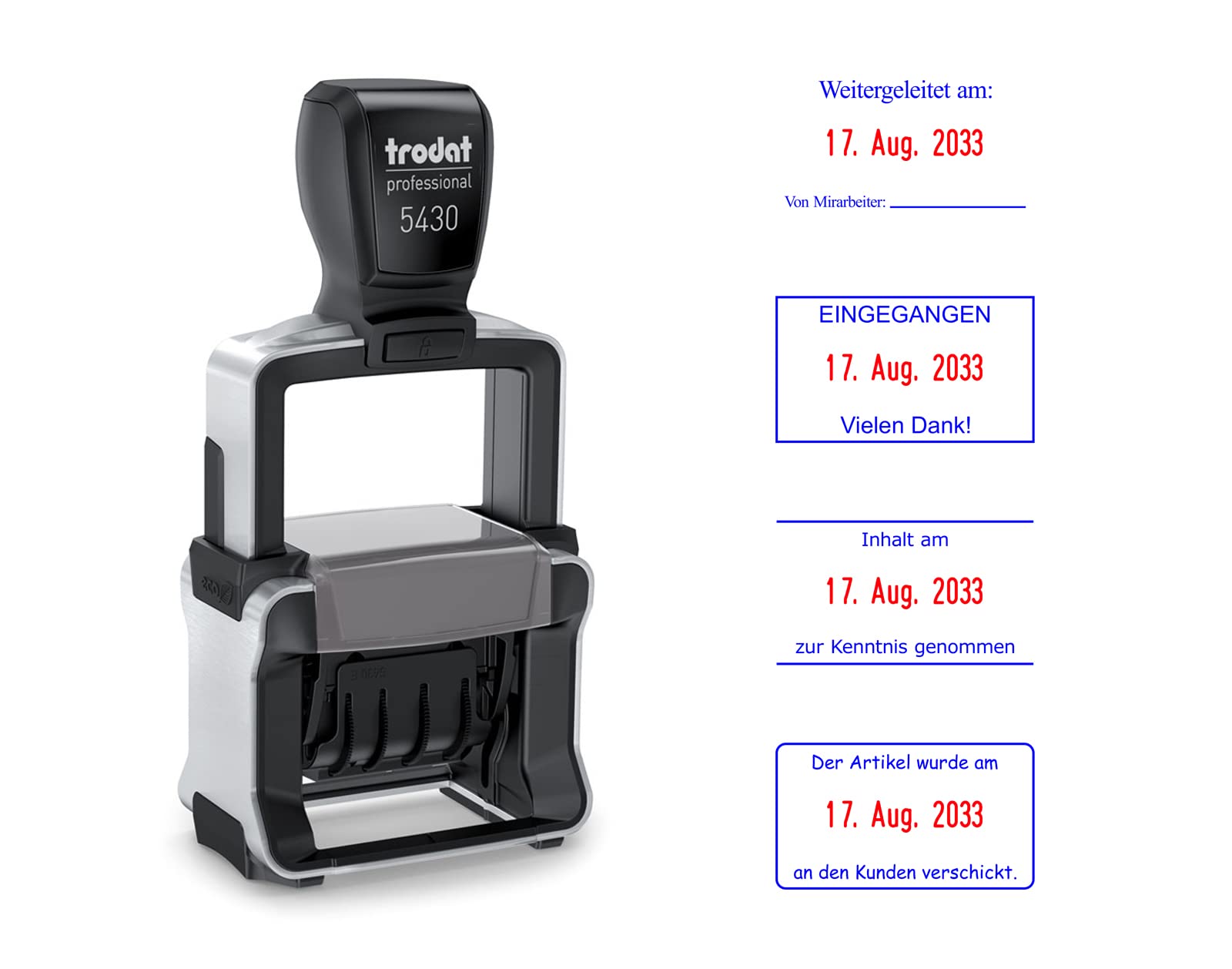 Trodat Professional Datumsstempel 5430 – Stempel Personalisiert mit Datum und Wunschtext, Selbstfärbend, 2 Zeilen, 41x24 mm, Abdruck Blau und Rot