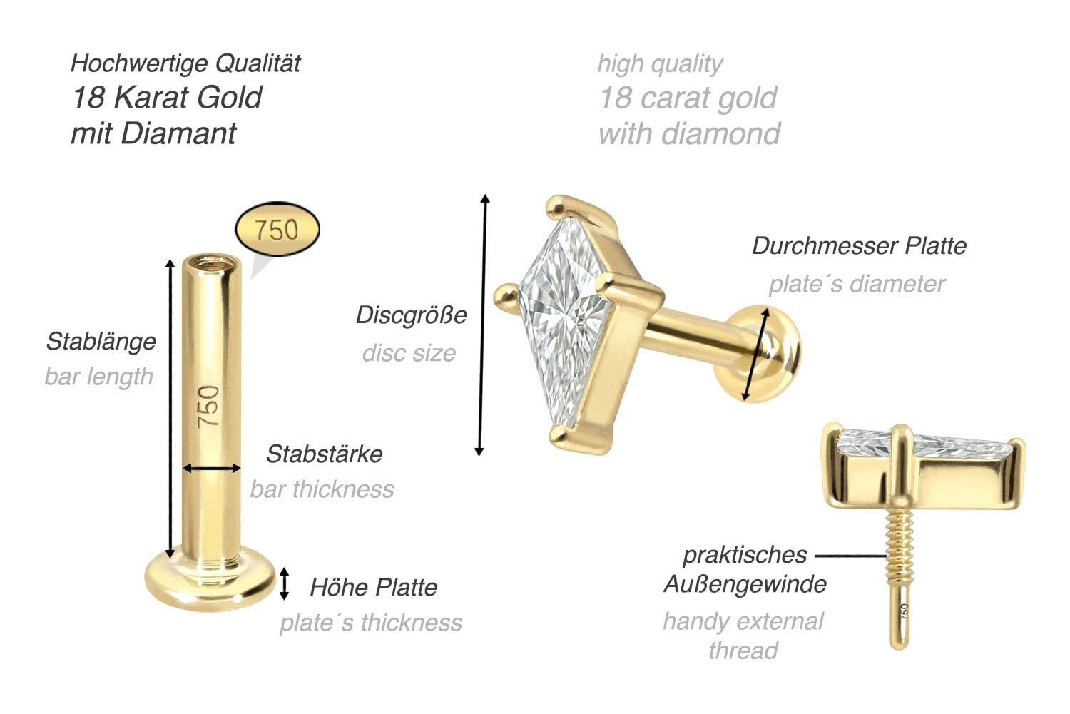 PIERCINGLINE Piercing Stecker 18 Gold Labret mit Innengewinde DIAMANT-SCHILD 750er Gold - Goldfarben